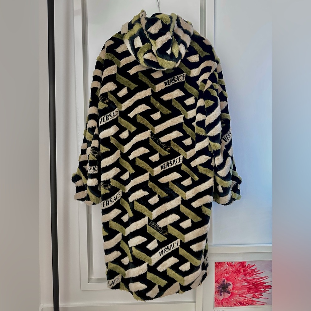 VERSACE La Greca Allover Faux Fur Hooded Coat